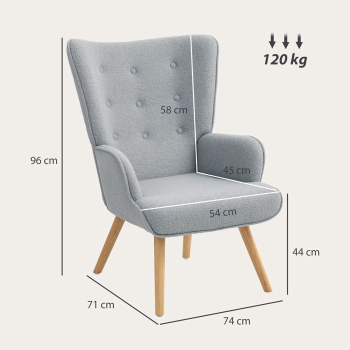 Fauteuil de salon - HOMCOM - pieds en bois, accoudoirs et dossier ergonomique - tissu bouclette - 71 x 74 x 96 cm - gris clair