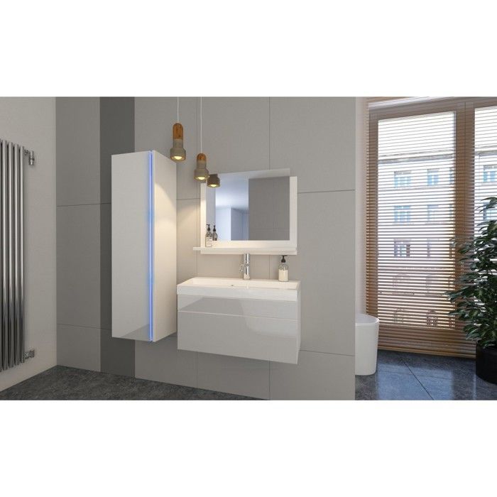 Ensemble meubles de salle de bain blanc collection BIRD. Colonne, meuble sous vasque, vasque 60cm