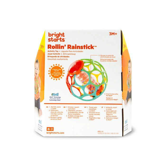 BRIGHT STARTS OBALL - Chocalho para Bebê - Pau de Chuva com Rolos - Contas Multicoloridas - Pau de Chuva - 3M+