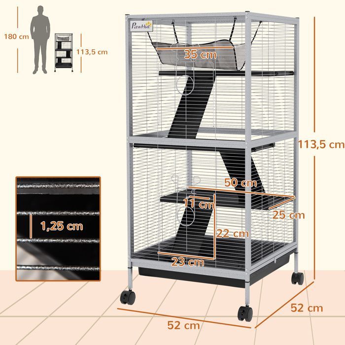 Gabbia portatile a 4 livelli per piccoli animali PawHut, ideale per cincillà, con ruote, 2 porte, 3 rampe, amaca e vassoio rimovibile.