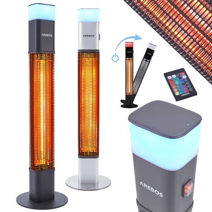 AREBOS Radiateur infrarouge | Chauffage radiant électrique | 1500W | LED 16 couleurs | intérieur et extérieur | Noir