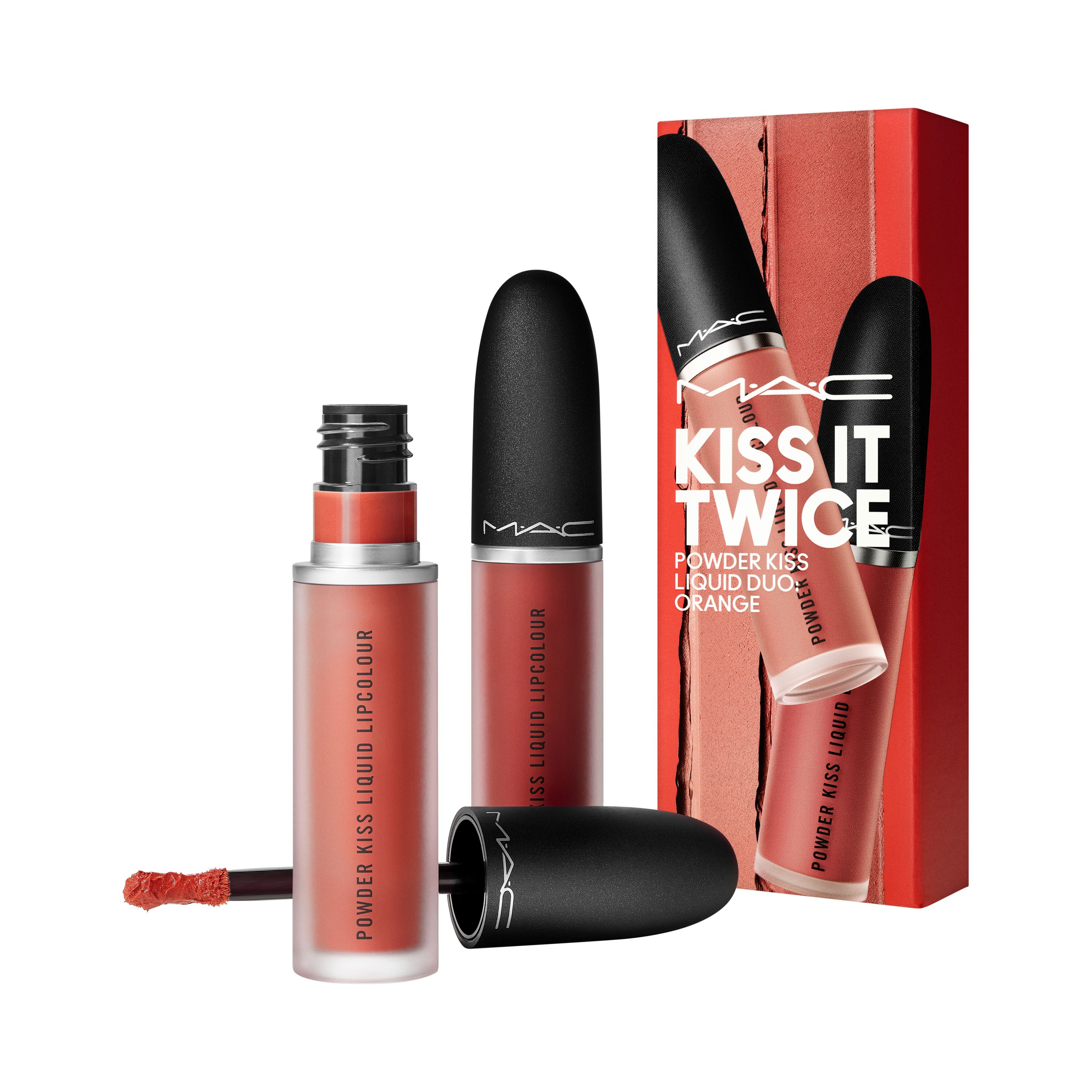 „Kiss It Twice Powder“ skystų lūpų dažų rinkinys su dviguba apelsinų spalva (988 „Little Tale“ ir 984 „Billion Smile“) Prabangūs skysti lūpų dažai