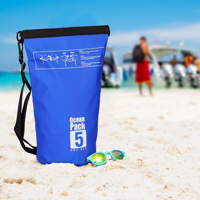 Bolsa impermeable Relaxdays Ocean Pack de 5 litros, ligera y compacta, para esquí al aire libre, deportes, vela, snowboard, azul.