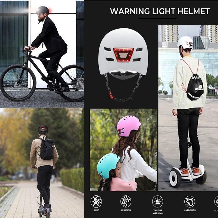 Casque de Vélo ou Scooter Électrique avec Voyant Rouge + feu Avant Blanc Casque VTT, WOVTE Patins Léger avec Doublure Amovible