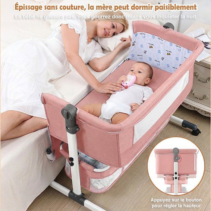 Lit Bébé Berceau Cododo pour Bébé 0-36 Mois, Hauteur Réglable Lit Cododo avec Matelas Moustiquaire Panier de Rangement Roues - Rose