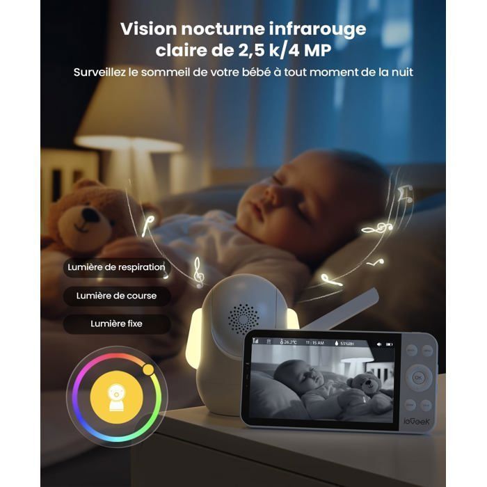 Cámara de vigilancia para bebés ieGeek 2.5K con luces nocturnas de colores, cámara para bebés de 5.5