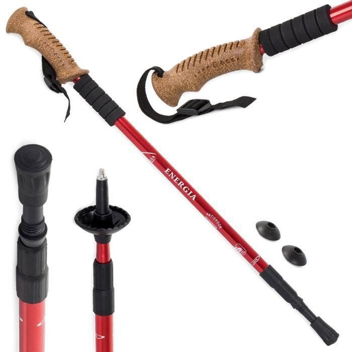 2 BASTONES DE CAMINAR NÓRDICOS ROJOS DE MADERA Y ALUMINIO ENERGIA CON RESORTE RESISTENTE A LOS GOLPES