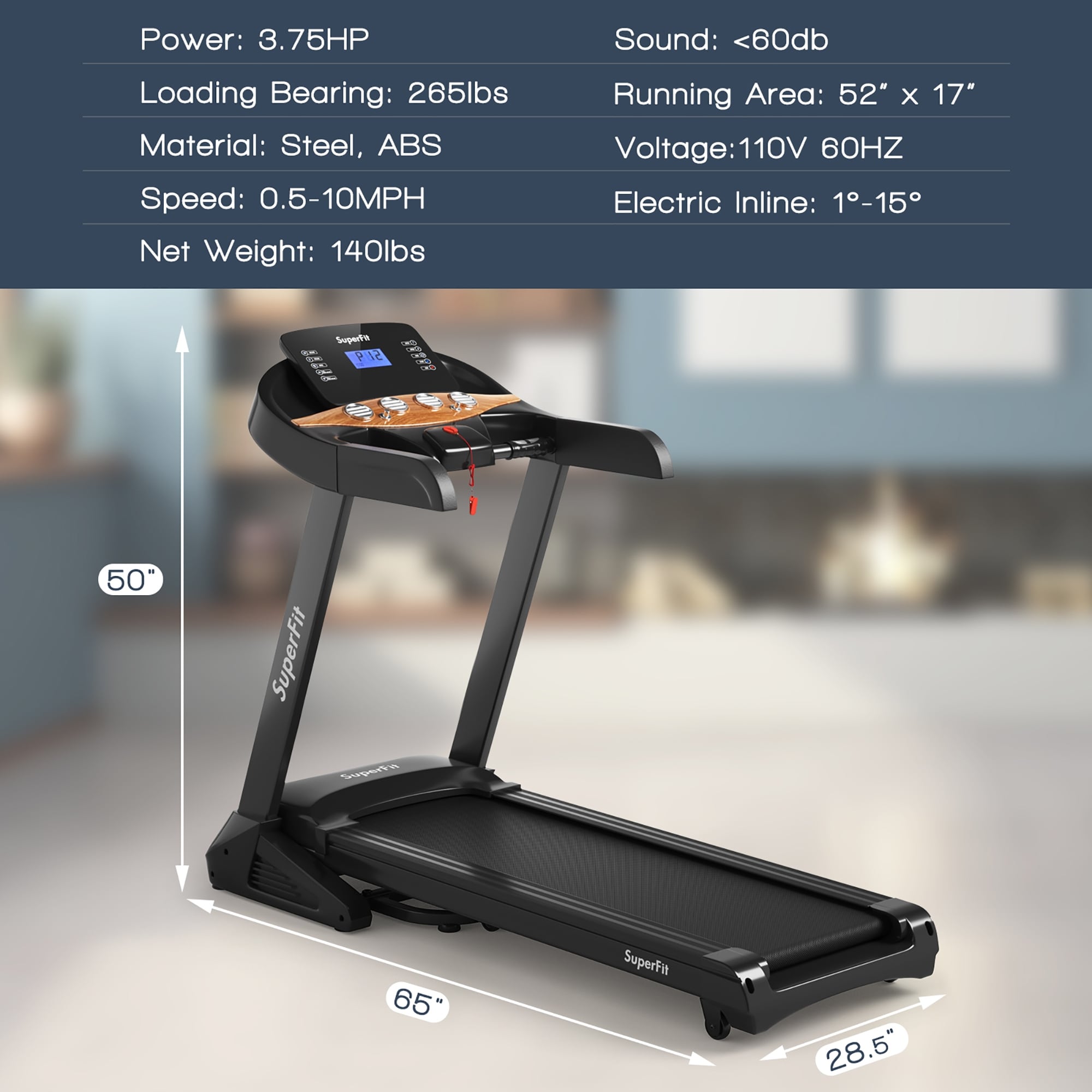 Superfit 3,75 pk elektrische opklapbare loopband met automatische hellingshoek en 12 programma's - Zie details