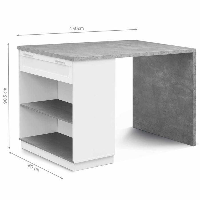 IDMARKET VITO 130cm White Standing Kitchen Island with Concrete Effect Top, 4-Person Bar Table, White Finish