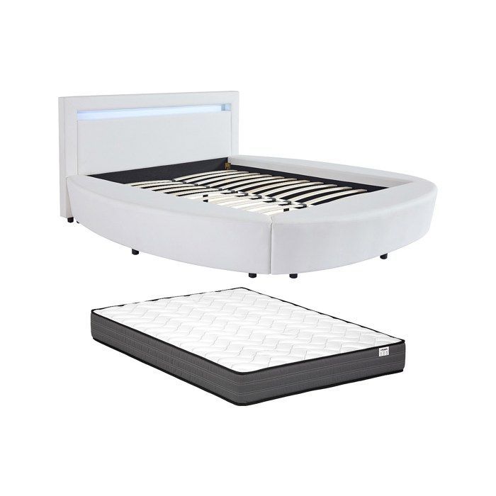 Cama redonda de 160 x 200 cm - Con luces LED - Piel sintética - Blanca + Colchón - ABULIS III