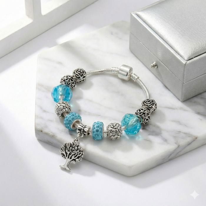 Armband – Damen – Schlangenkette – Lebensbaum – Lagunenblau – Silberne Akzente – 18 cm