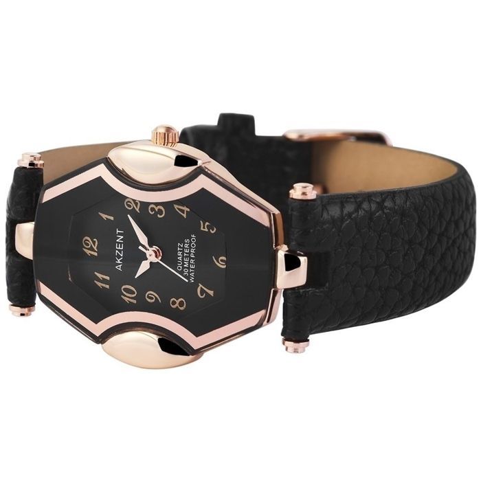 Reloj de mujer - AKZENT - AK1700 - Caja en forma de tonel de oro rosa - Esfera negra - Correa de piel sintética de 18 mm