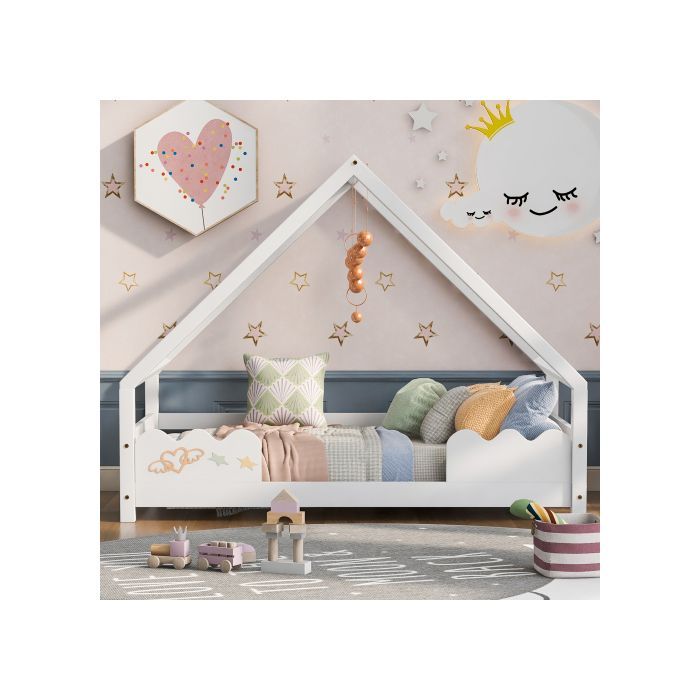 Accueil lit Lit pour enfant 90x200cm avec protection contre les chutes Parc pour enfants en bois massif blanc