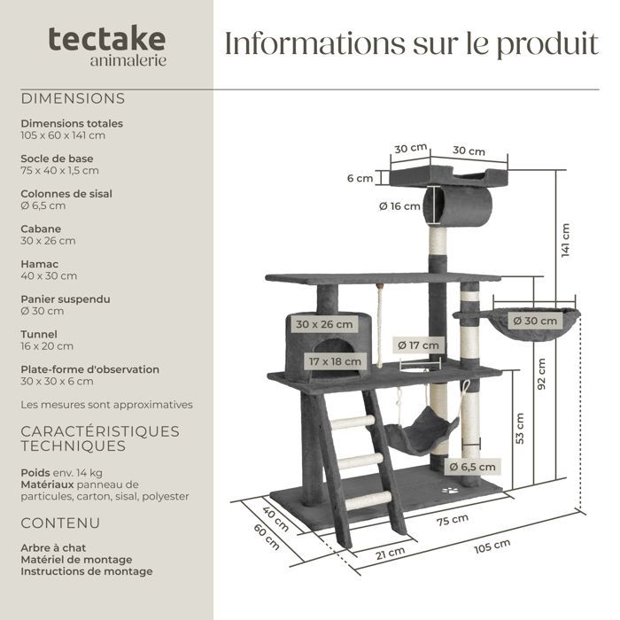 Árbol rascador para gatos - TECTAKE - MARCEL, 141 cm de altura, con cuerda, poste rascador y zonas de descanso - Gris
