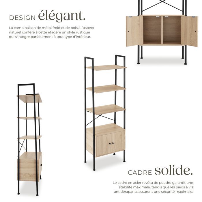 Shelf - TECTAKE - BRENTWOOD shelf with minimalist and industrial design in chipboard, 57.5 x 34 x 173 cm - Light wood