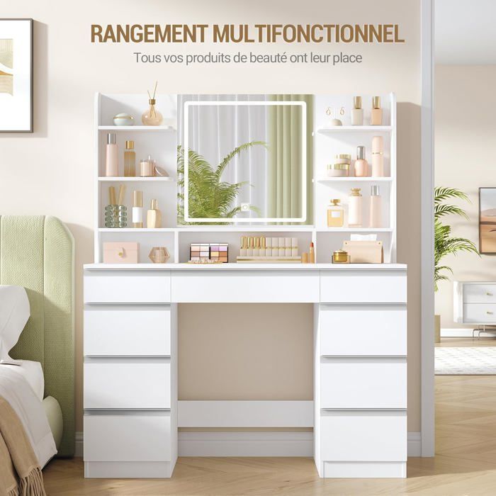 Grande Coiffeuse avec Éclairage LED, 3 Couleurs, Luminosité Réglable, Miroir, 9 Tiroirs, 9 Étagères Ouvertes, Blanc-Argent