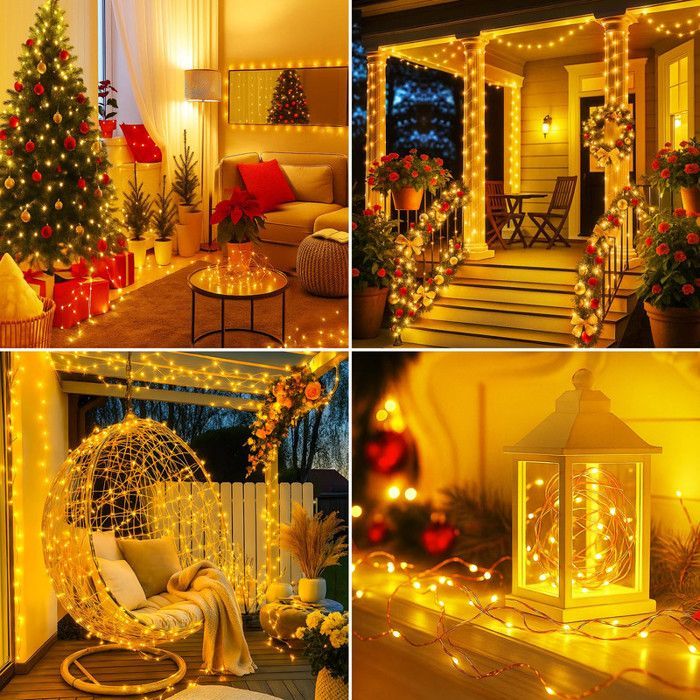 Guirnalda de luces navideñas para exteriores con enchufe, luz blanca cálida, IP44, 20 m, 200 LED, memoria/temporizador, 8 modos, para jardín/bodas/fiestas.