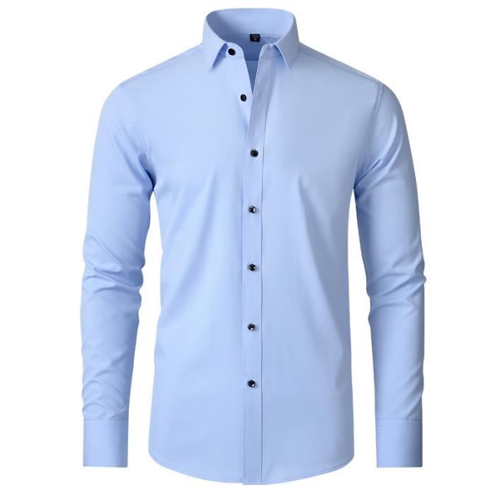 Camicia da uomo slim fit a maniche lunghe elasticizzata, tinta unita, tessuto confortevole - Azzurro chiaro