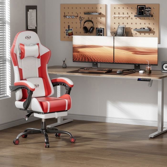 ECOFURNIX Fauteuil de Bureau Massant, Fauteuil Gaming Réglable avec Coussin de Massage Lombaire et Repose-Pieds, Rouge et Blanc