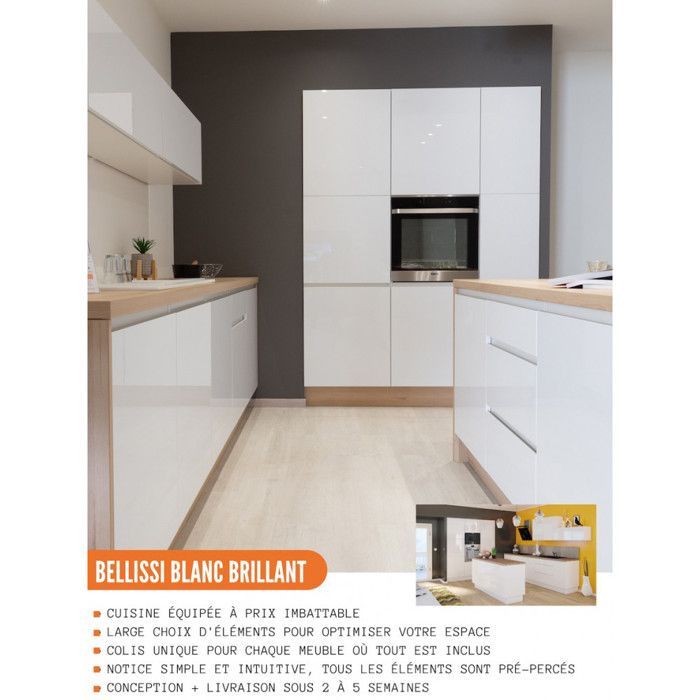 Meuble haut de cuisine Bellissi Blanc Brillant 1 porte L 40 cm - Cuisineandcie