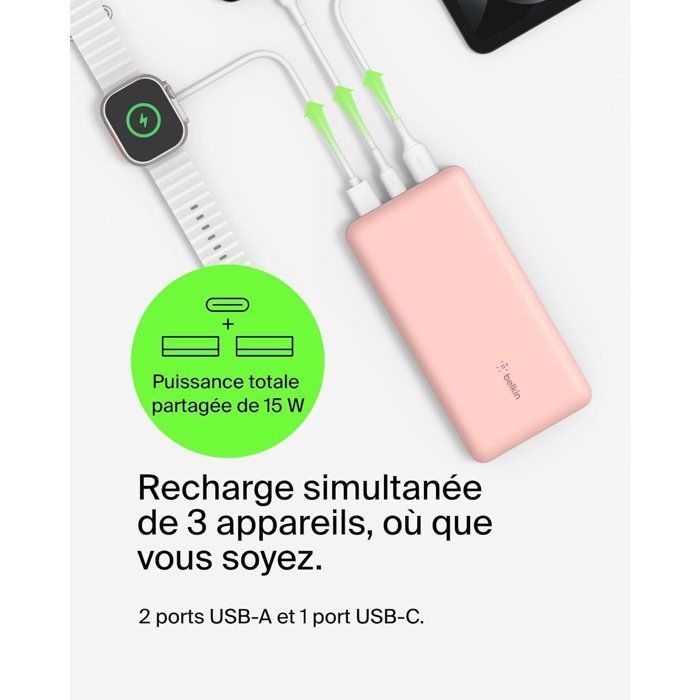Batería externa - BELKIN - 20.000 mAh - USB-A y USB-C - 15 W - Rosa