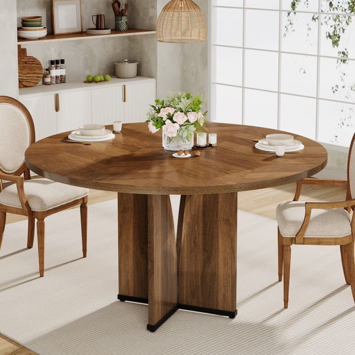 Table de Salle à Manger,Little Tree,Table Ronde de 100 cm Pour 4 Personnes,Dessus et Pieds en Bois, Rustique,Rétro Marron