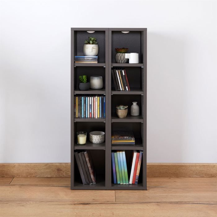 MUSIC modular shelving for CDs and DVDs, set of 2 column storage units with 10 compartments, in matte grey melamine