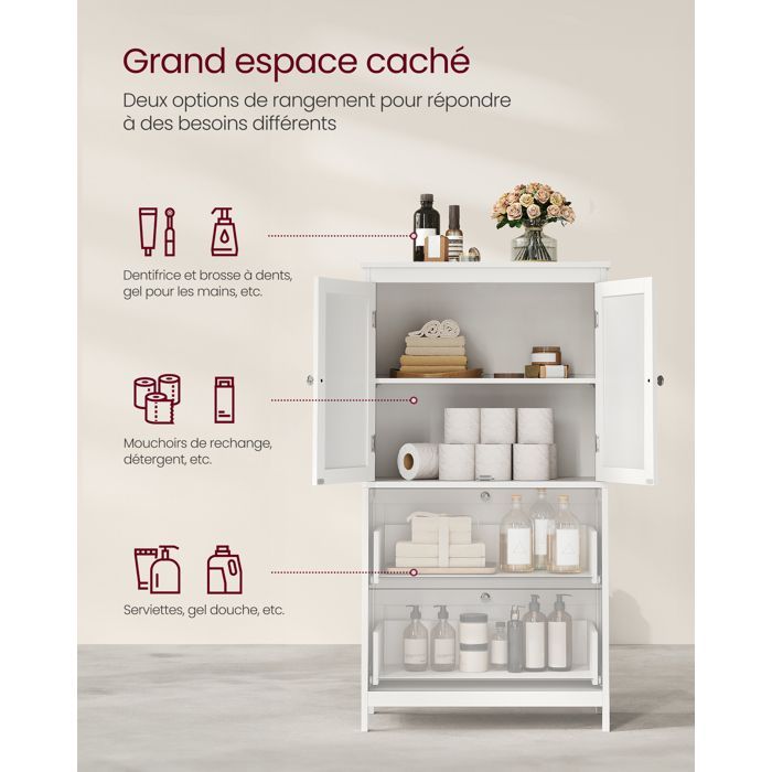 Armário de banheiro/cozinha VASAGLE com 2 portas, 2 gavetas e prateleiras ajustáveis, 30 x 60 x 110 cm, branco