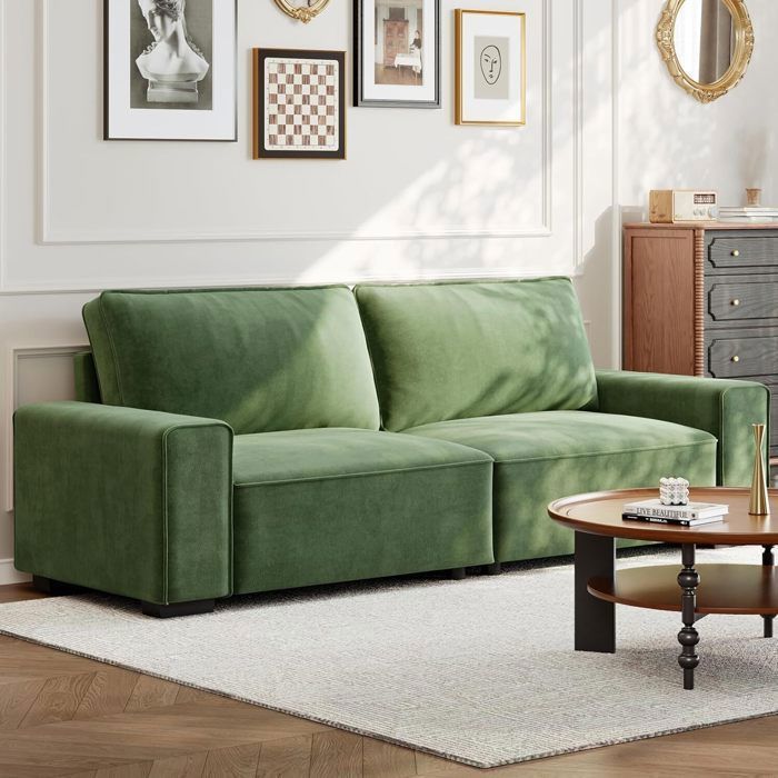 Comfortable 3-seater chenille sofa for living room, sofa with wide armrests, thick spring cushions, 220×82×84cm, Green