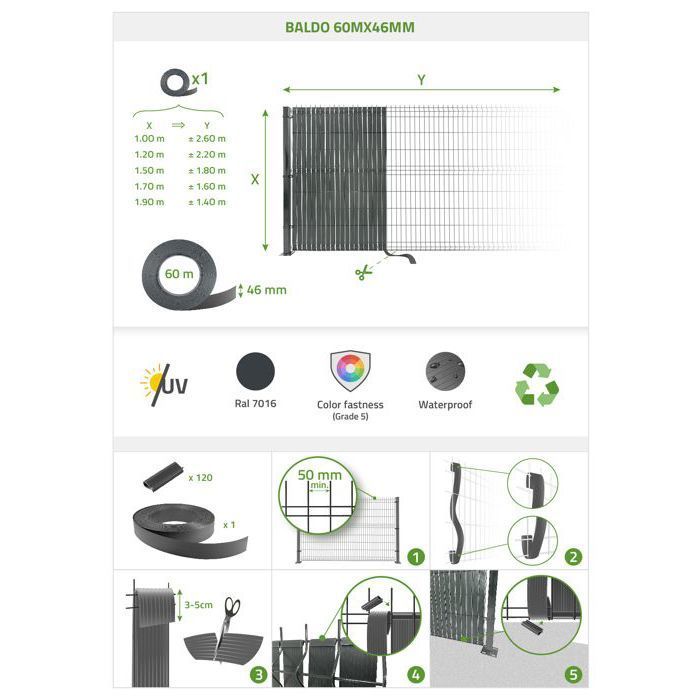 Lámina flexible de PVC en rollo - Casanoov - BALDO - 60 m - 46 mm de espesor - Gris - Para ocultar vallas o jardines