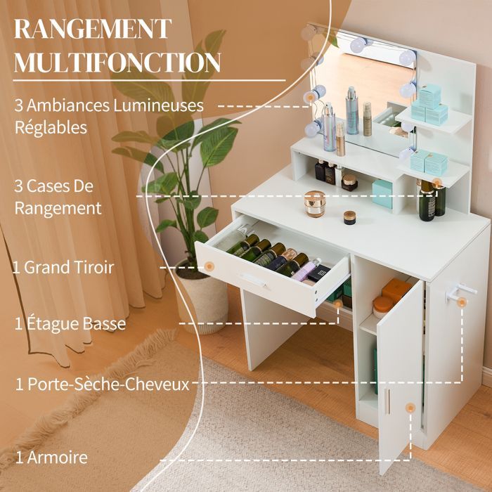 Schminktisch mit verstellbarem 3-farbigem LED-Spiegel, Schubladen und Tür, 80 x 40 x 130 cm, Weiß