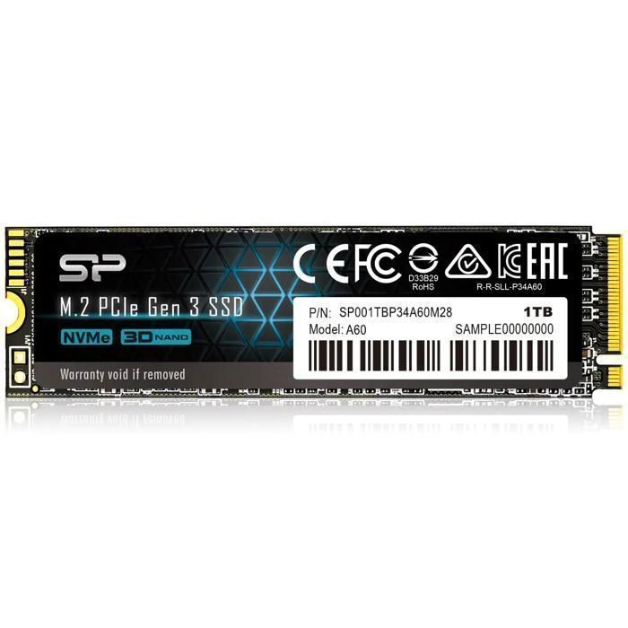 Disque SSD Interne - Silicon Power - P34A60 1To - NVMe PCIe Gen3x4 M.2 Lecture Écriture 2200 1600 Mo/s