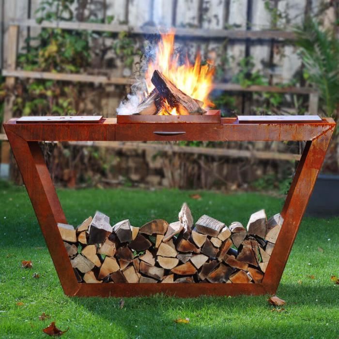 HOME DELUXE Grenier à bois 'PAULO' 160 cm x 40 cm x 60 cm, Inclus 2 x planches à découper en plastique, 1 x tiroir à cendres