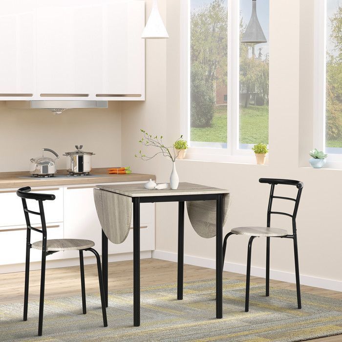 Ensemble table et chaises - HOMCOM - table ovale extensible à rabats 2 chaises cuisine - métal MDF - noir naturel