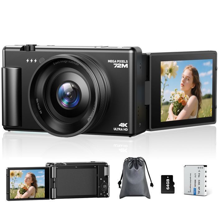 Cámara digital compacta JEEMAK 4K de 72 MP, cámara de vídeo con enfoque automático, pantalla giratoria de 2,8