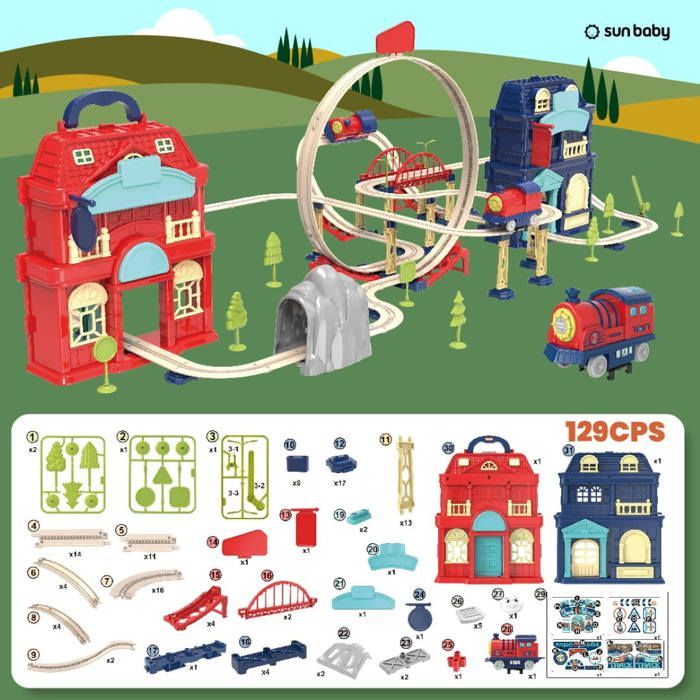 Tren eléctrico Sun Baby para niños de 3 años en adelante: circuito, viaducto, barrera, estación y tiendas.