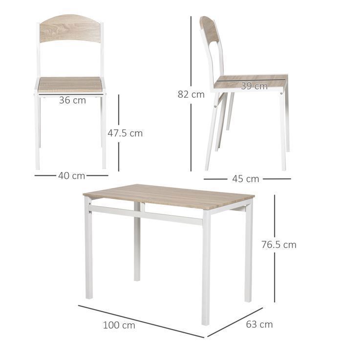 Plaque épaissieCatering Group Set de 5 tables de salle à manger en MDF grainé bois et métal blanc cassé, 1 table et 4 chaises pour