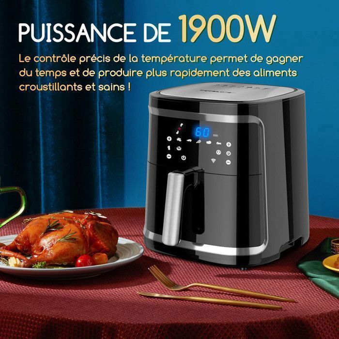 Aigostar Smart Cube - Friggitrice ad aria con connessione Wi-Fi, grande capacità 7 litri. Senza BPA, 1900 W. 7 programmi per mantenere il cibo in caldo.