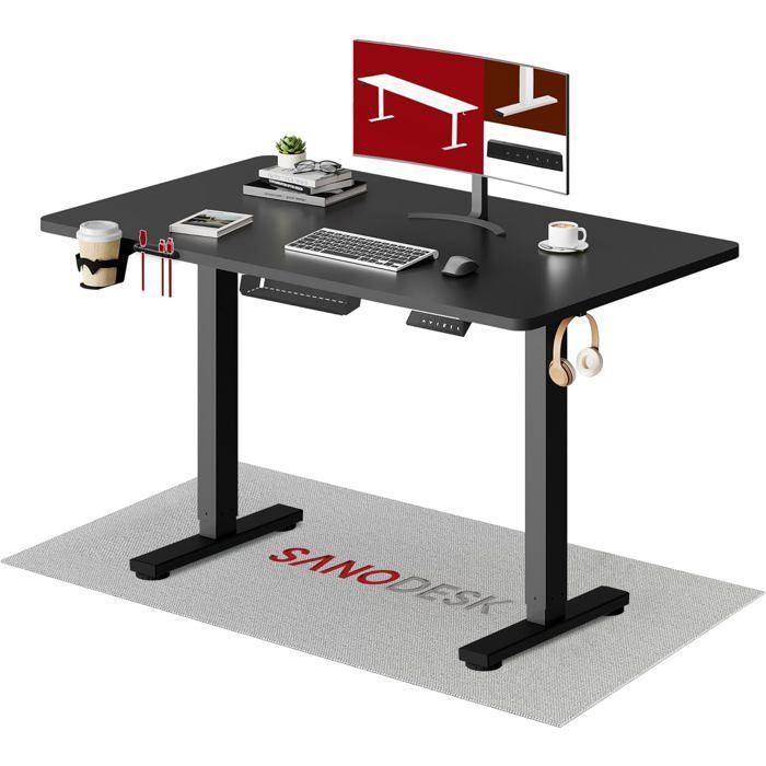 SANODESK Zit-sta bureau, volledig bureaublad van 110x54 cm, anti-botsingssysteem, geheugenfuncties, haak/bekerhouder, zwart