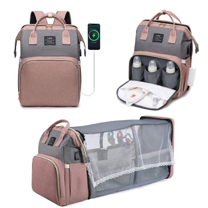 Large Capacity Baby Diaper Backpack with Changing Mat, Multifunctional Waterproof Travel Bag, Pink/Gray