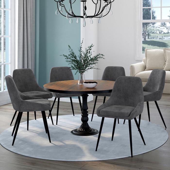 IDMARKET Set van 6 THALYA eetkamerstoelen in grijs fluweel