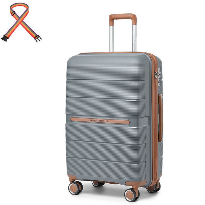 Grote koffer van British Traveller, 76x50x31 cm, harde schaal, geschikt voor inchecken, gemaakt van polypropyleen, met 4 wielen en TSA-slot, grijs.