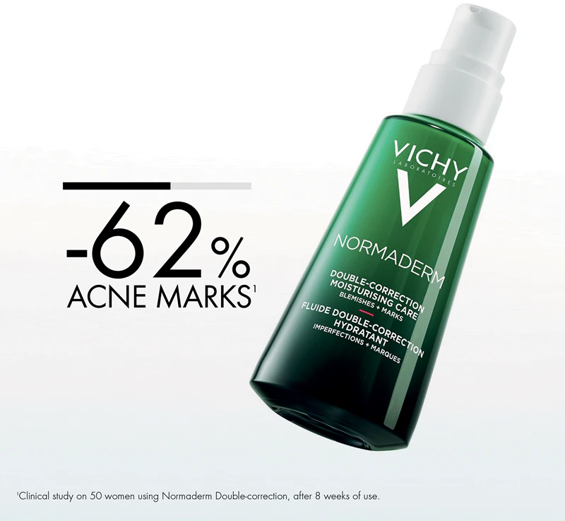 Vichy Normaderm Phytosolution: een corrigerende verzorging met dubbele werking tegen acnegevoelige huidonvolkomenheden.