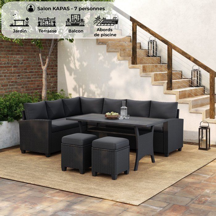 Conjunto de muebles de jardín - KAPAS - Estructura de acero y resina tejida - Negro - 7 personas