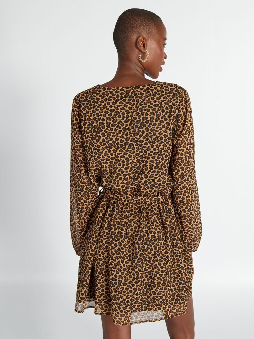 Vestido estampado con cinturón de lazo - Beige