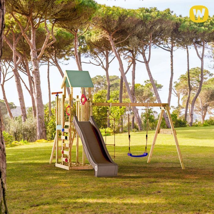 WICKEY MultiFlyer Light wooden play tower with swing, rope ladder and slide, 220 cm, green – 10-year guarantee*