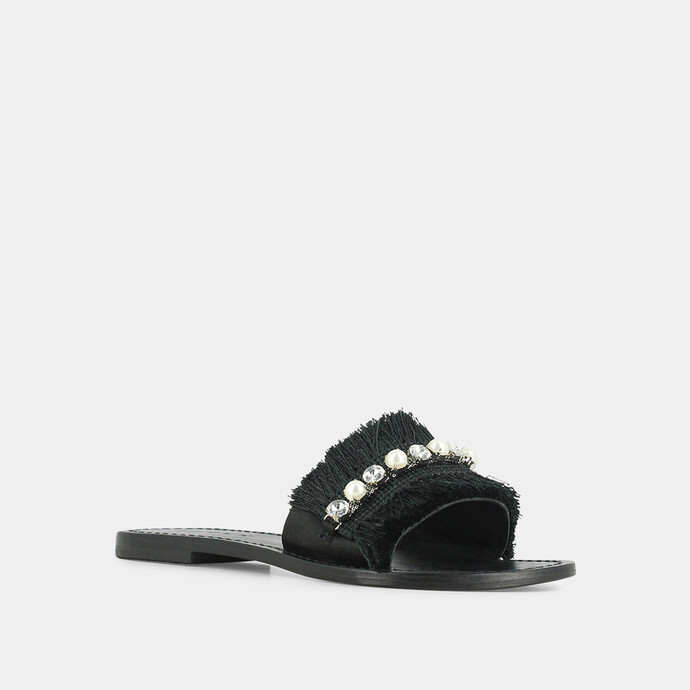 Mules à franges et perles  en cuir noir