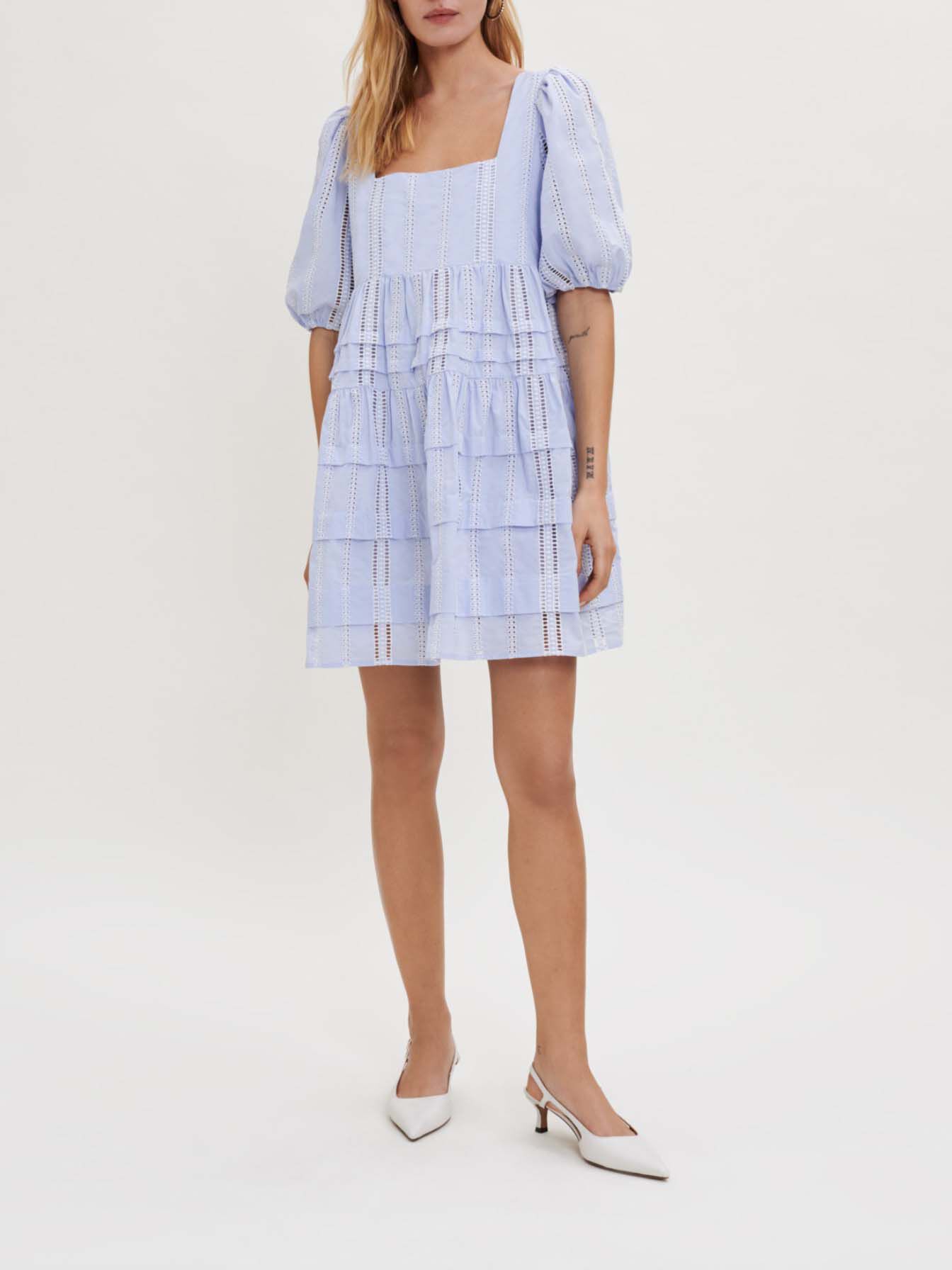 Rochie din bumbac cu împletitură - Albastru deschis