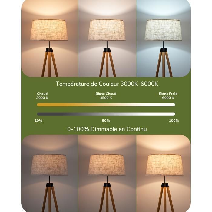 Lámpara de pie trípode de madera EDISHINE, con mando a distancia y pedal, bombilla regulable E27 incluida, 3000K - 6000K, pantalla de lino.