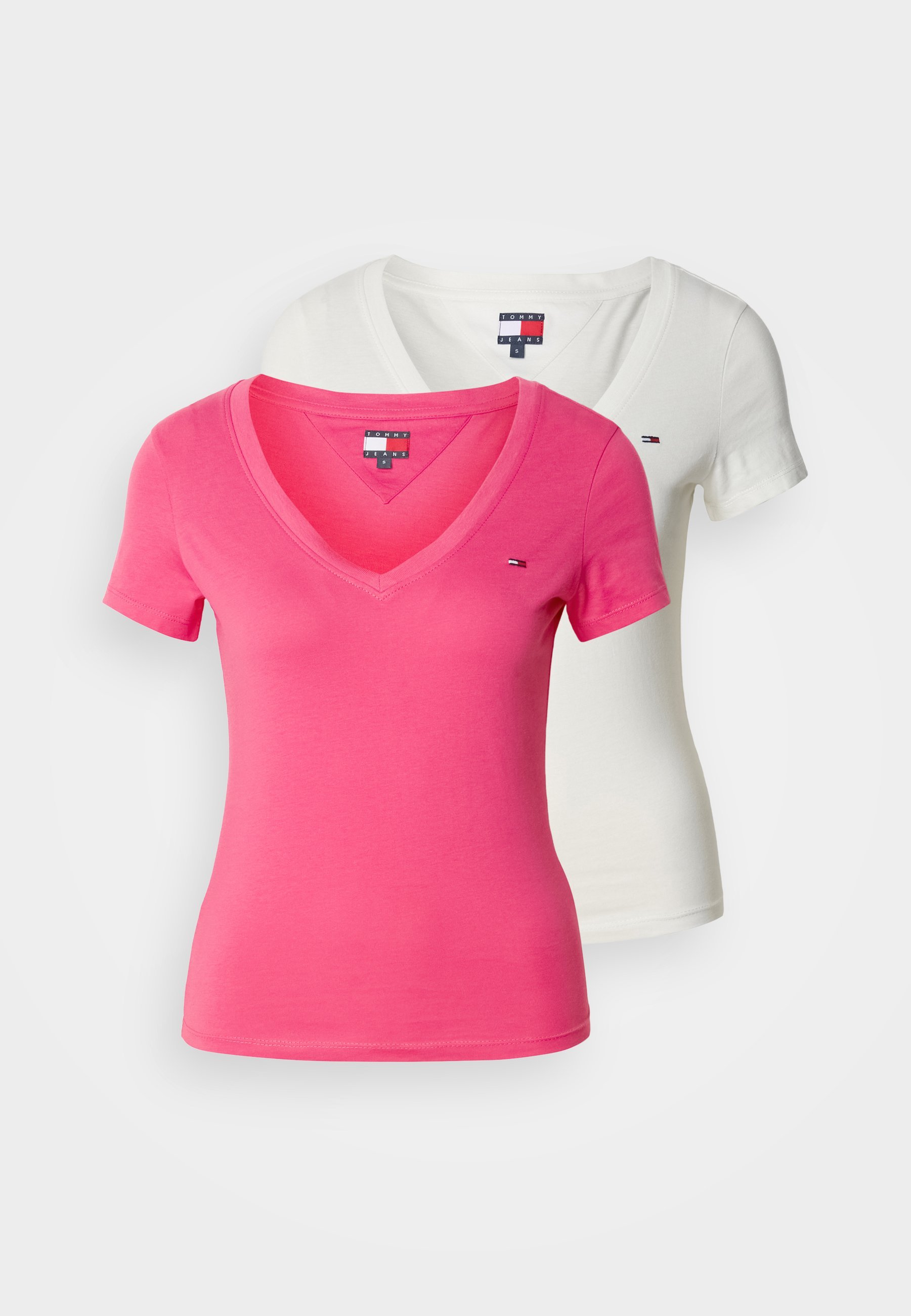 Tommy Jeans V NECK TEE 2 PACK - Tricou simplu - ecru / roz bijuterie